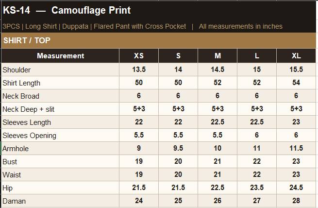 KO-14 Shirt Size Guide