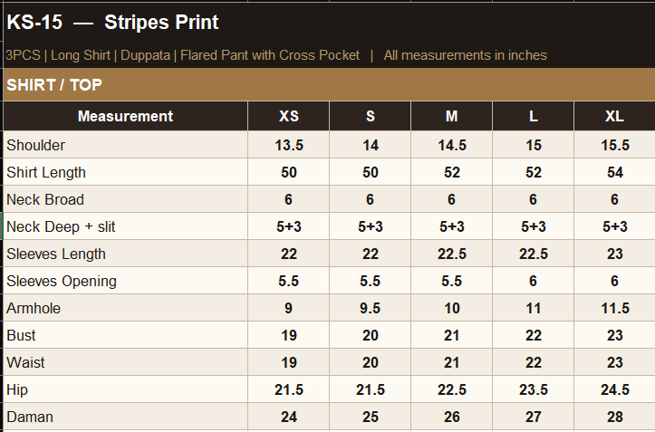 KO-15 Shirt Size Guide