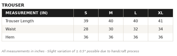 KOB-01 Pants Size Guide