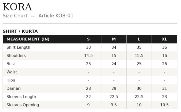 KOB-01 Shirt Size Guide