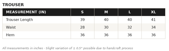 KOB-02 Pants Size Guide