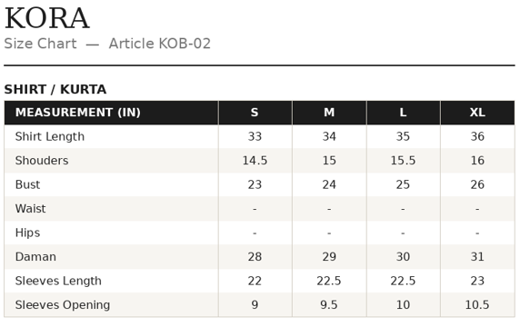KOB-02 Shirt Size Guide