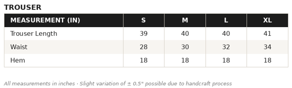 KOB-03 Pants Size Guide