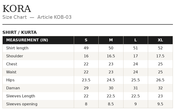 KOB-03 Shirt Size Guide