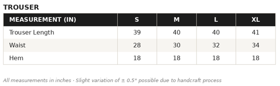 KOB-04 Pants Size Guide