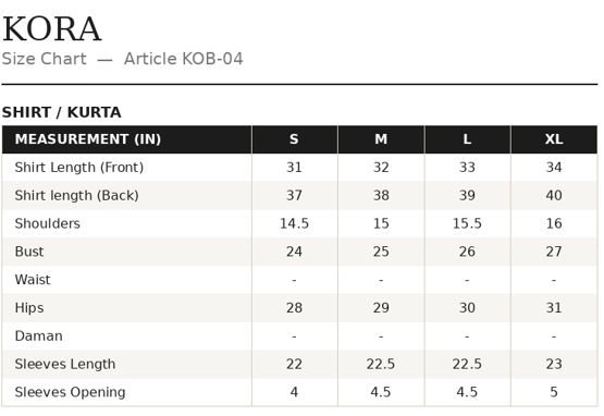 KOB-04 Shirt Size Guide