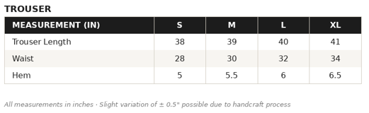 KOB-05 Pants Size Guide