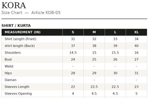 KOB-05 Shirt Size Guide