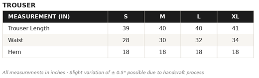 KOB-06 Pants Size Guide