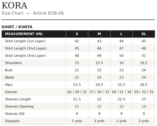 KOB-06 Shirt Size Guide