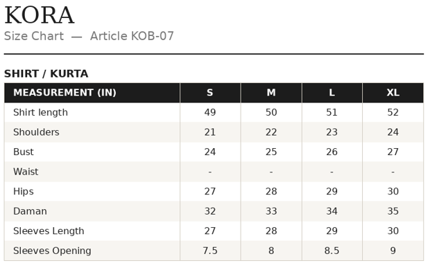KOB-07 Shirt Size Guide