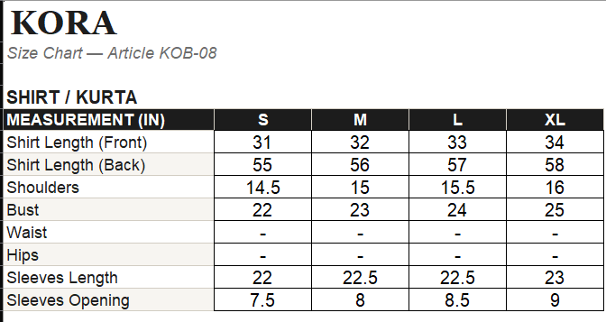KOB-08 Shirt Size Guide