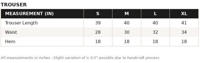KOB-09 Pants Size Guide