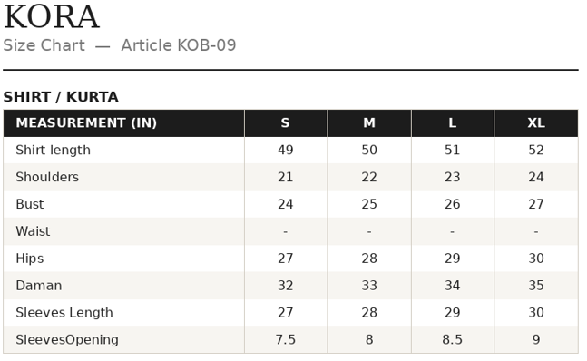 KOB-09 Shirt Size Guide