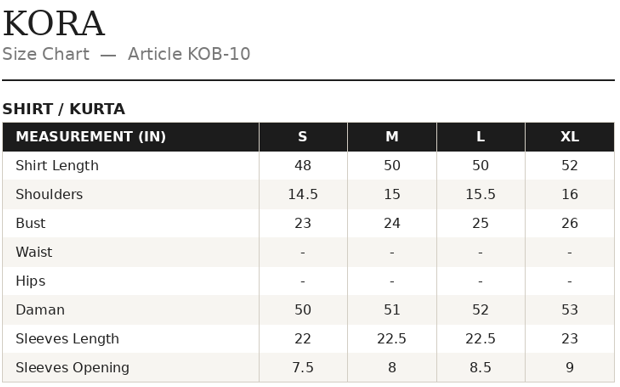 KOB-10 Shirt Size Guide