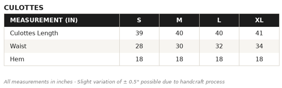 KOB-11 Pants Size Guide