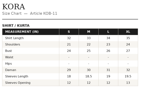 KOB-11 Shirt Size Guide