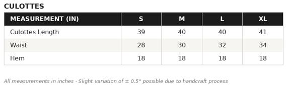 KOB-12 Pants Size Guide
