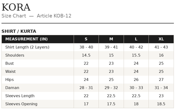 KOB-12 Shirt Size Guide