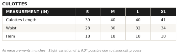 KOB-13 Pants Size Guide
