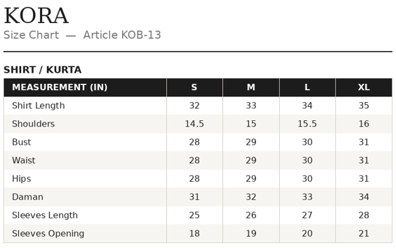 KOB-13 Shirt Size Guide