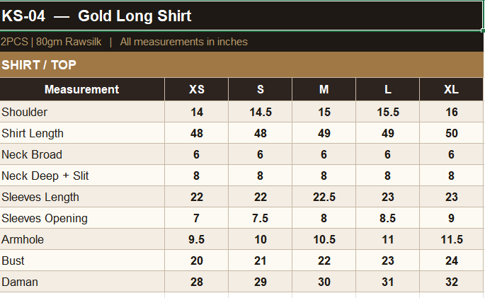 KO-04 Shirt Size Guide