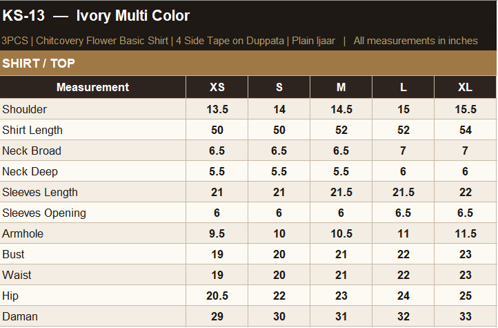 KO-13 Shirt Size Guide
