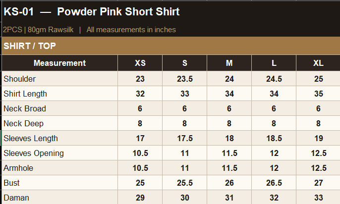 KO-01 Shirt Size Guide